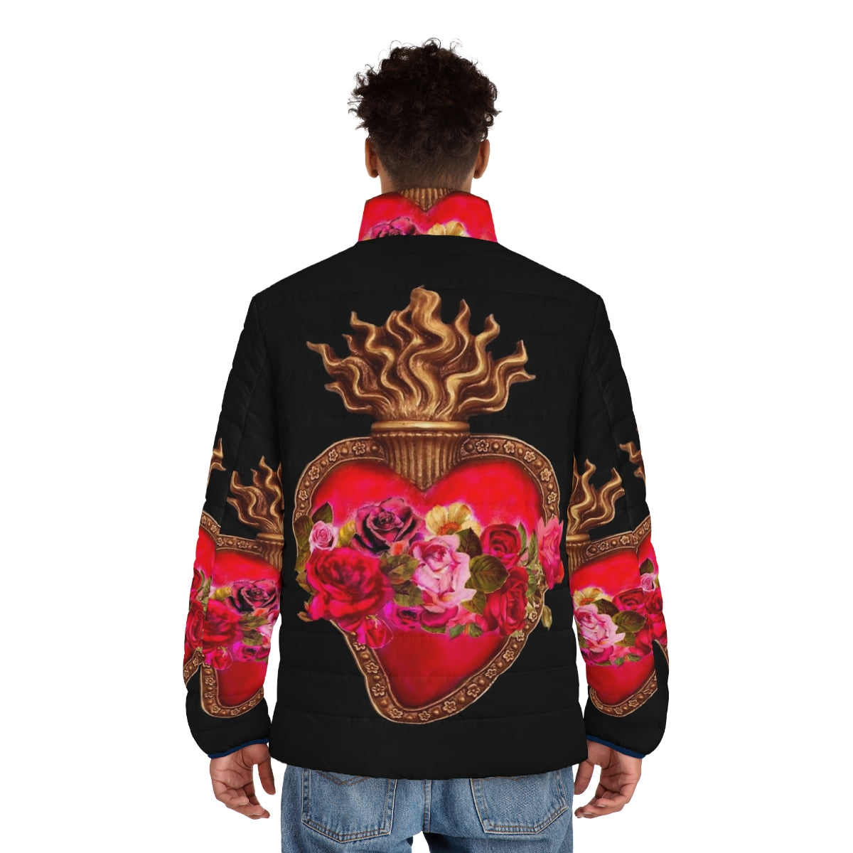 Red puffer jacket with sacred heart design, perfect for faith-based fashion - men back