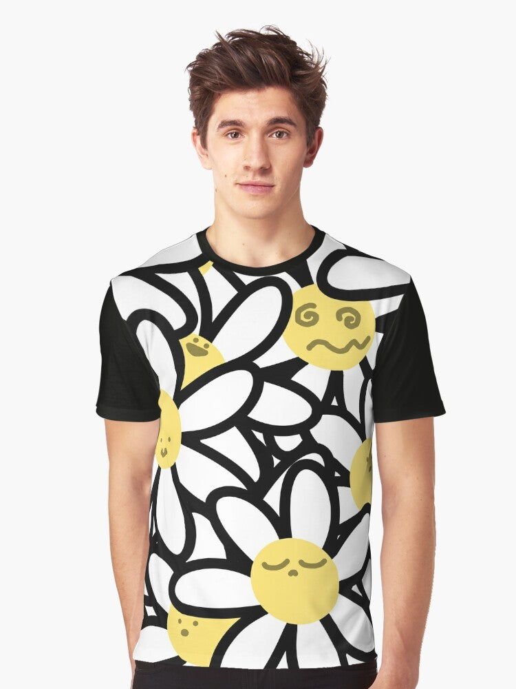 Dizzy Daisies Graphic T-Shirt with Cartoon Flower Face Design - Men