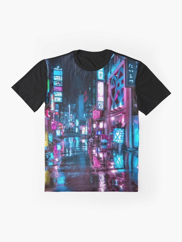 Neon-lit alleyways and skyscrapers in the Shimbashi district of Tokyo at night, a futuristic and moody graphic t-shirt design. - Flat lay