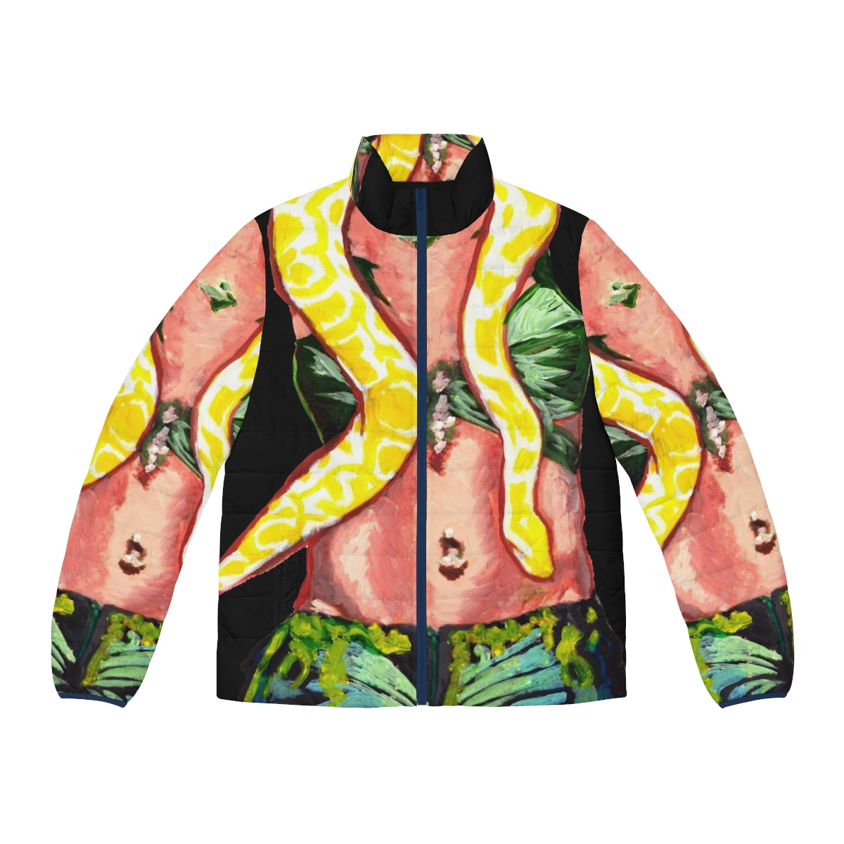 Retro 90s style snake puffer jacket in vibrant pop art design