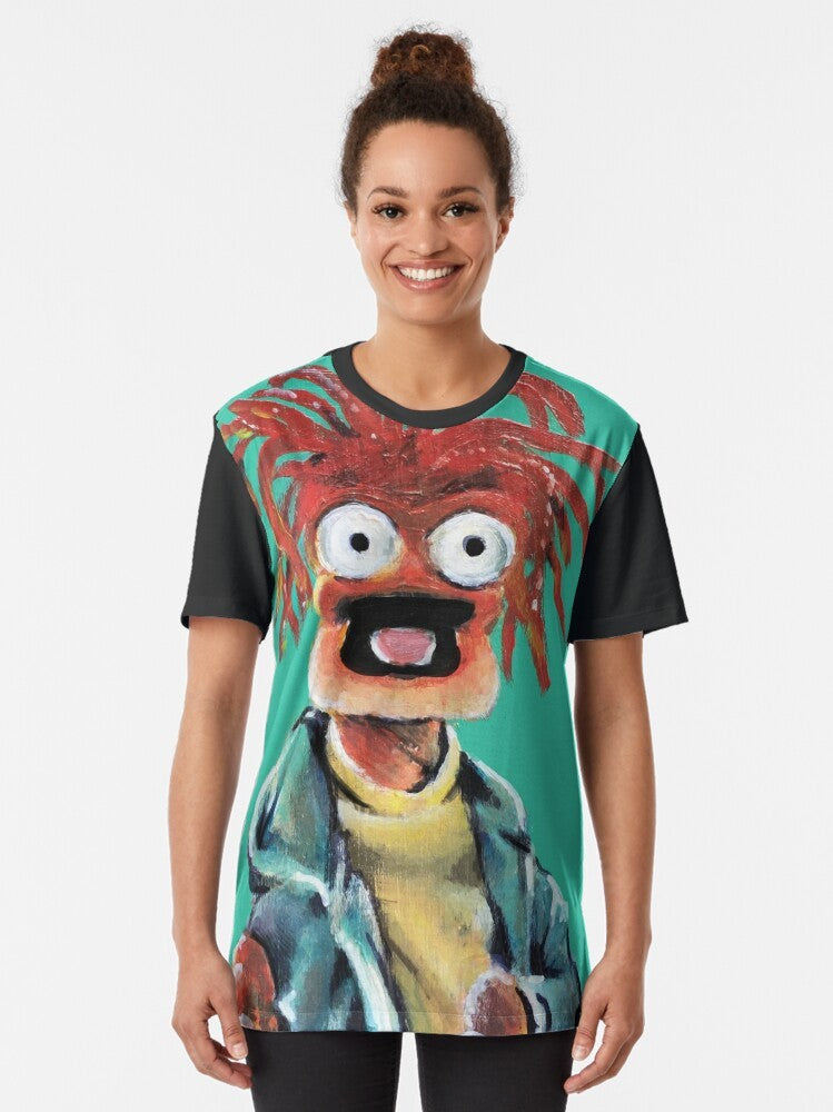 Pepe the King Prawn from the Muppets in a colorful fan art graphic design on a t-shirt - Women