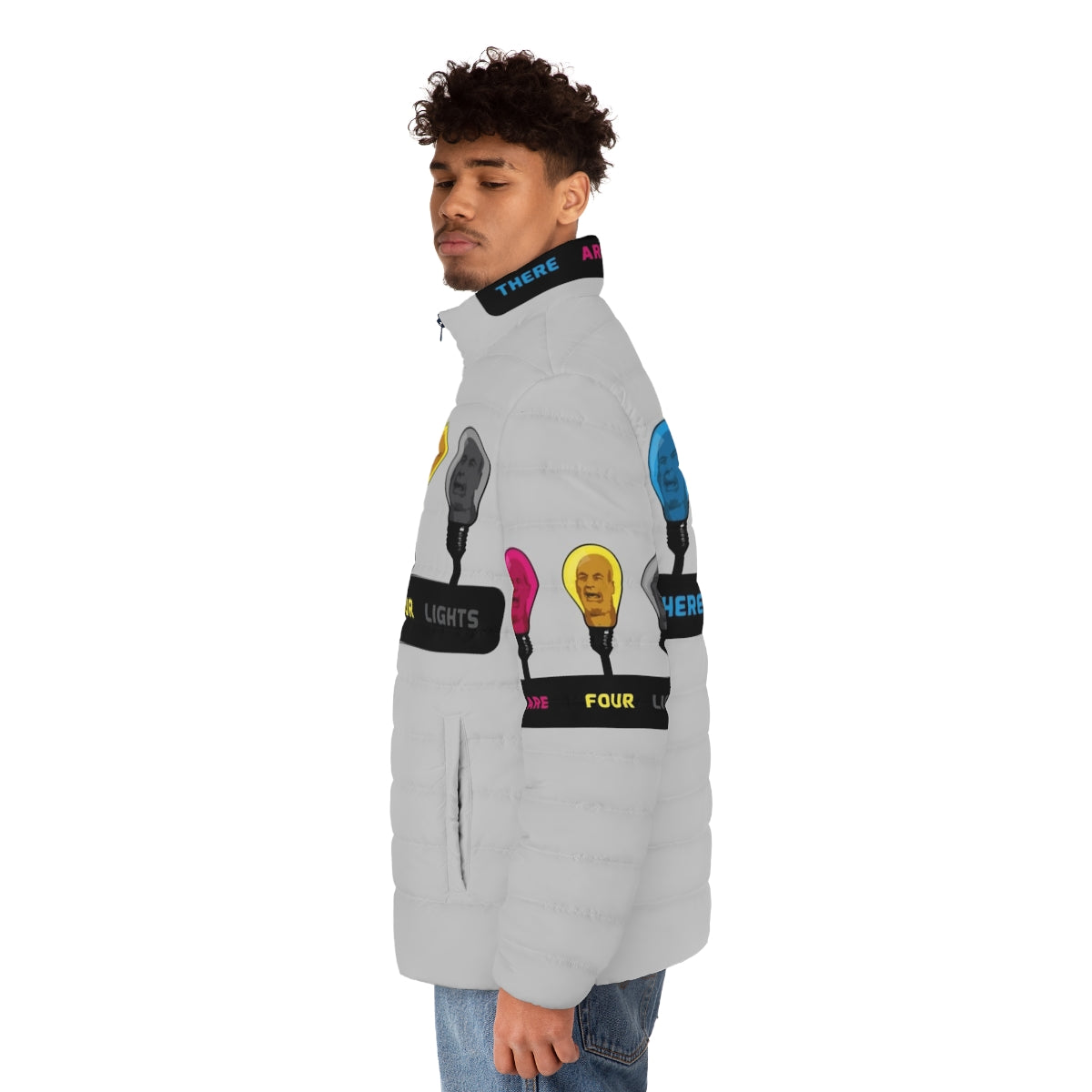 Colorful CMYK puffer jacket with 'There Are Four Lights' sci-fi inspired design - men side left