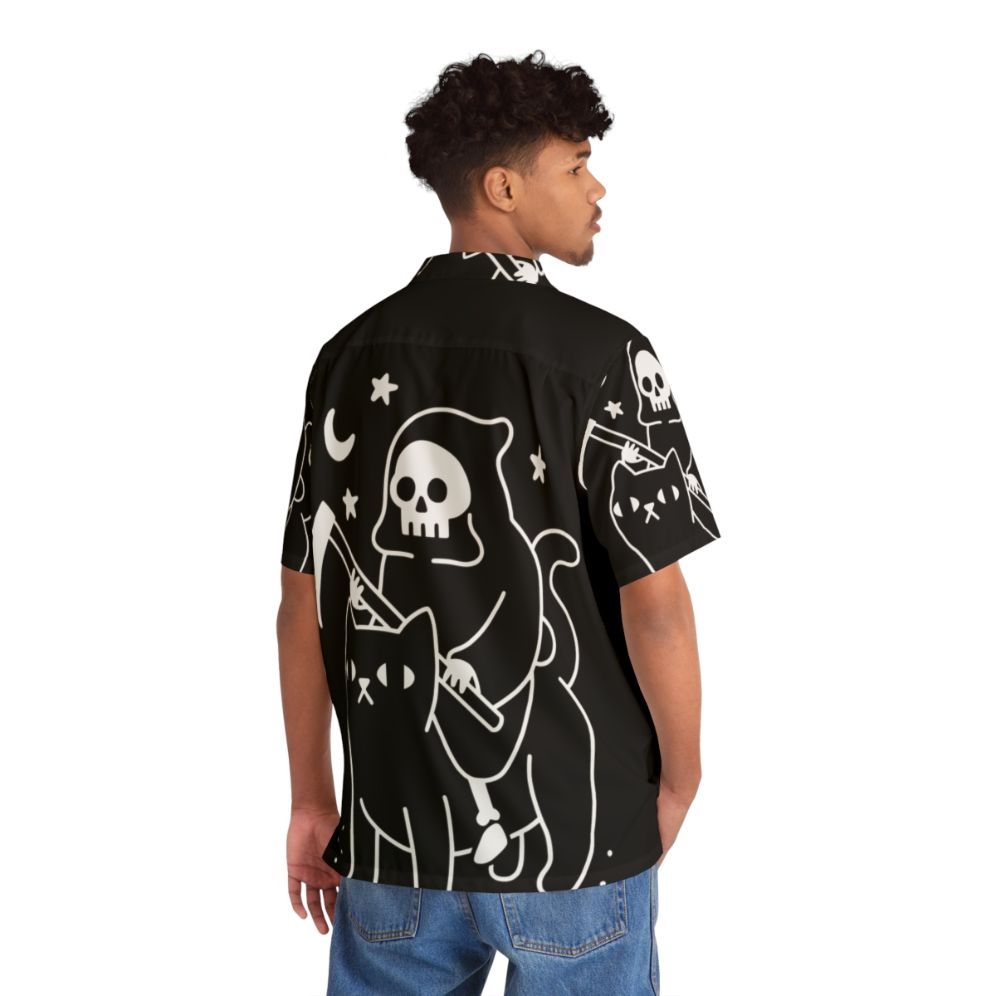 Spooky black cat Hawaiian shirt with skull and grim reaper design - People Back