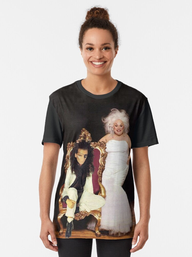 Graphic t-shirt featuring 80s music icons Pete Burns and Divine from the band Dead or Alive - Women