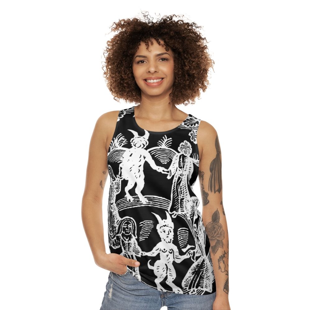 Unisex white 'Dance With The Devil' tank top featuring a vintage-style design with skull, goat, and magical elements - women