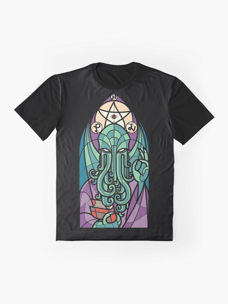 Cthulhu cosmic horror graphic t-shirt design featuring H.P. Lovecraft Cthulhu mythos elements like tentacles, cephalopod, and occult symbols - Flat lay