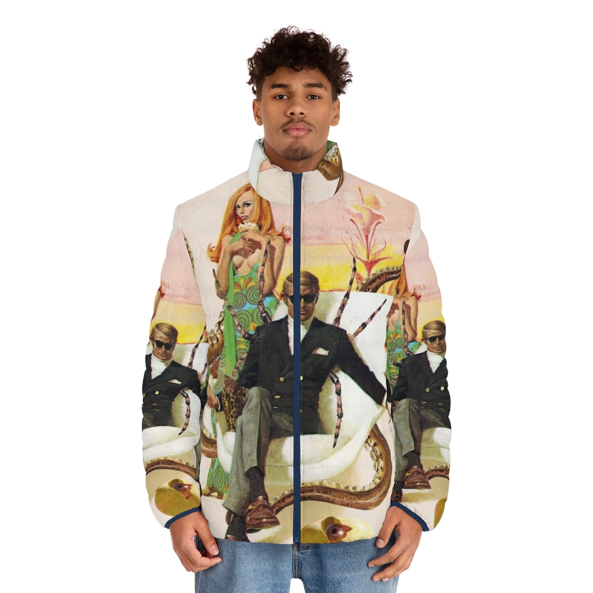 Agent Lovecraft cosmic horror inspired puffer jacket with surreal, pulp, and vintage design elements - men front