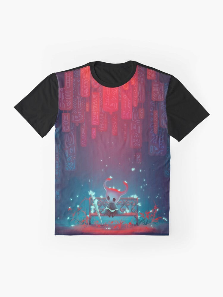 Hollow Knight video game logo and character graphic design on a t-shirt - Flat lay