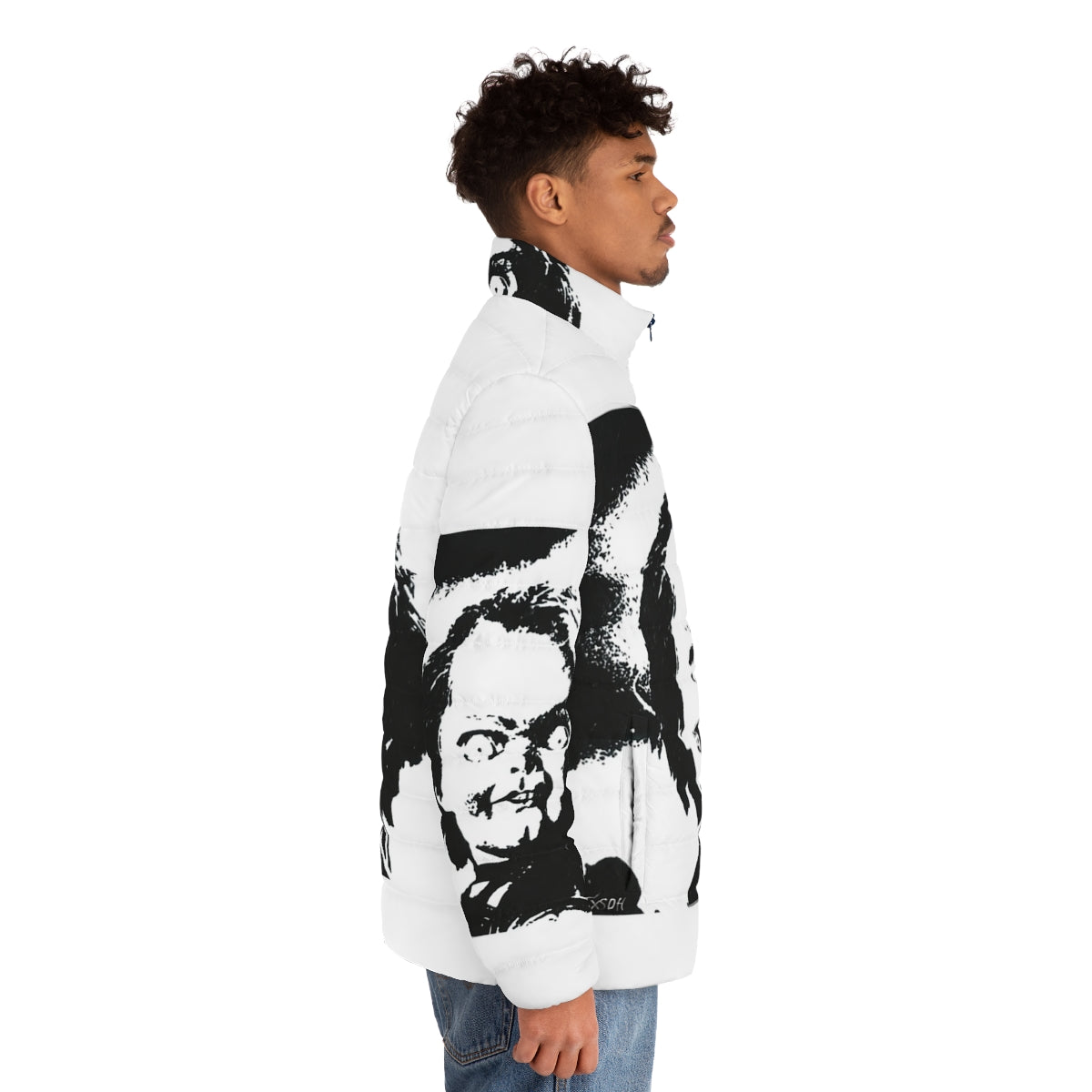 Chucky Puffer Jacket featuring horror movie pop art design - men side right