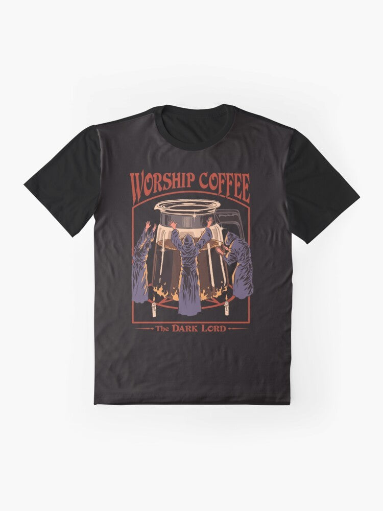 Vintage-style "Worship Coffee" graphic t-shirt design featuring a cult-like coffee ritual - Flat lay