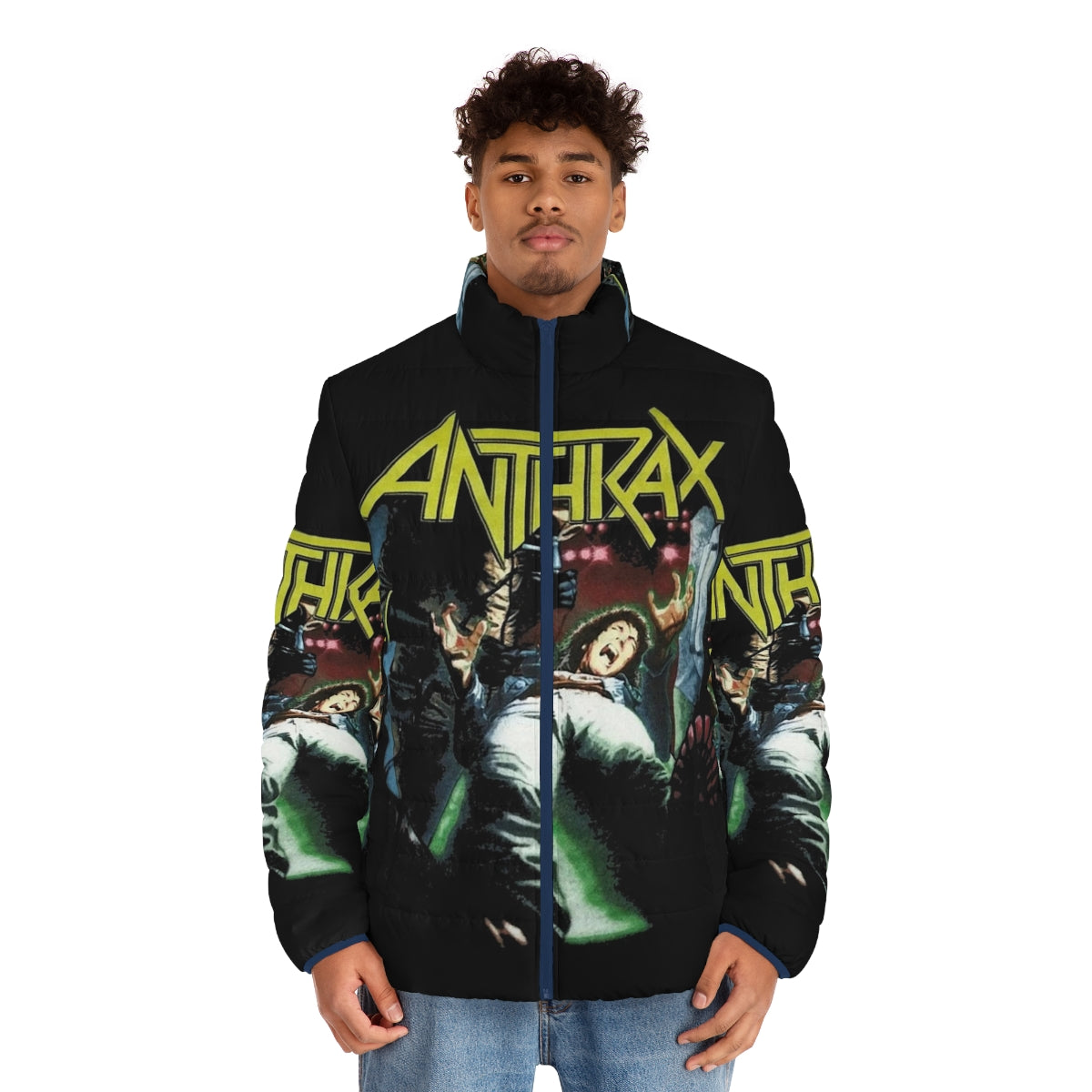 Anthrax Band Puffer Jacket featuring the iconic Anthrax logo and band members - men front