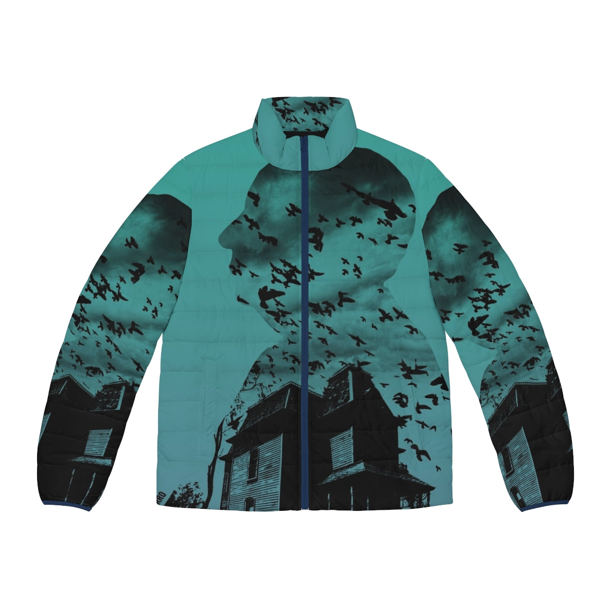 Alfred Hitchcock inspired gradient puffer jacket with collage design