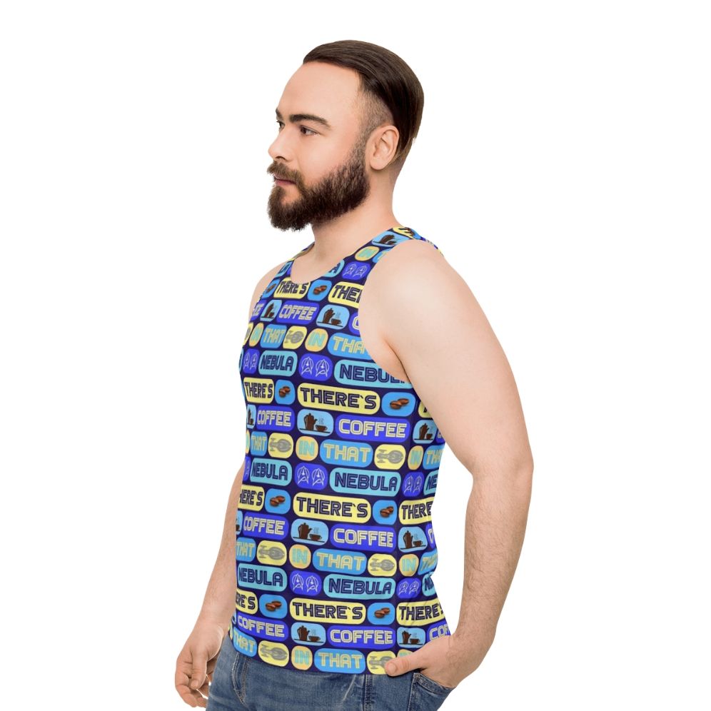 Star Trek unisex tank top featuring the quote "There's Coffee in That Nebula" - men side