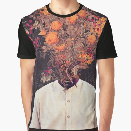 Vintage floral graphic design t-shirt featuring a collage of flowers, head, and classical painting elements