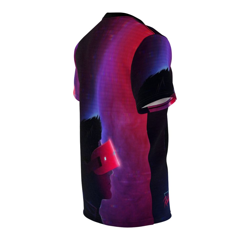 Retro futuristic virtual reality-inspired t-shirt with cyberpunk retrowave design - men right