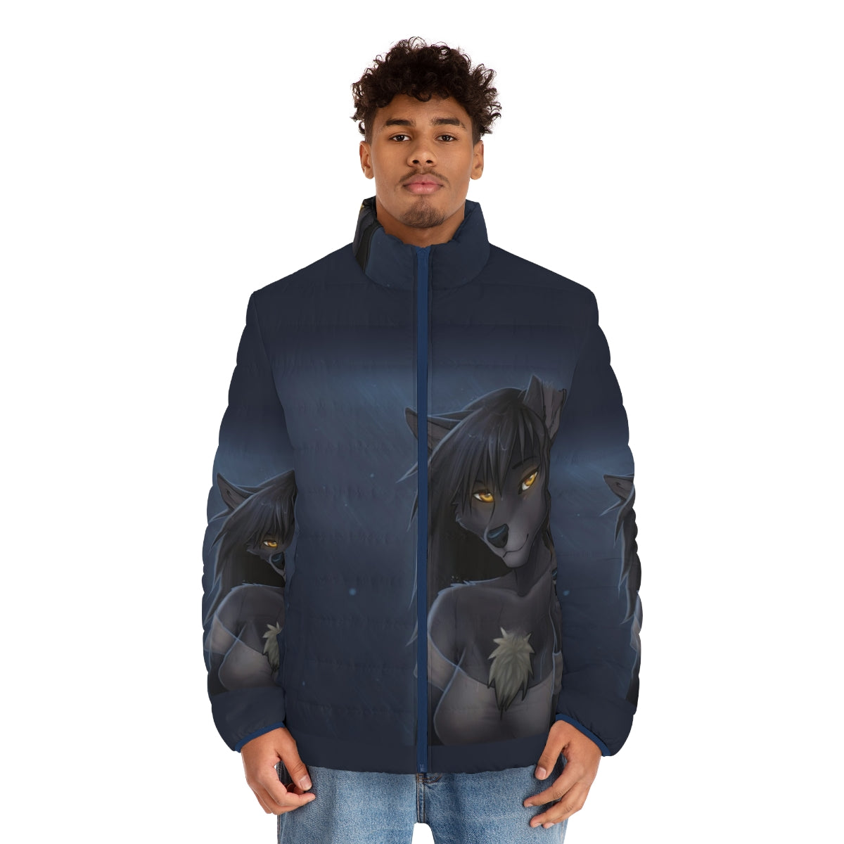 Furry wyla wolf anthro wearing a puffer jacket in a stormy summer scene - men front