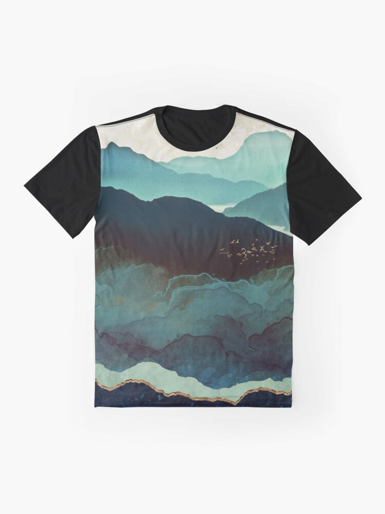 Indigo mountains and nature landscape graphic t-shirt design with abstract watercolor elements - Flat lay