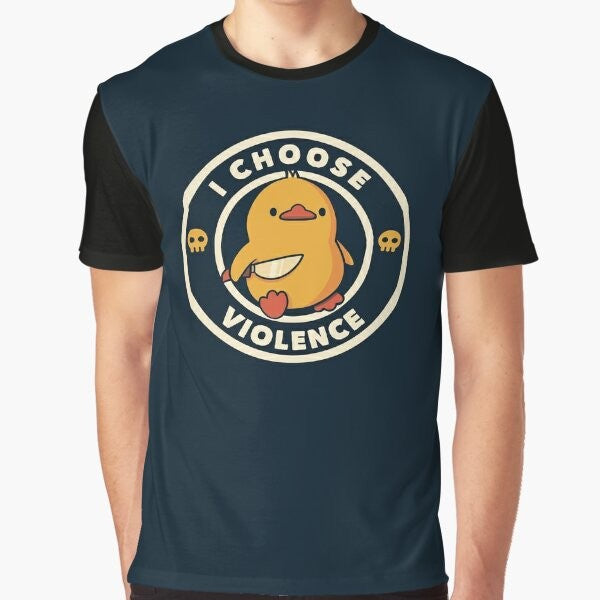 A funny graphic t-shirt featuring a violent duck with a skull design by Tobe Fonseca