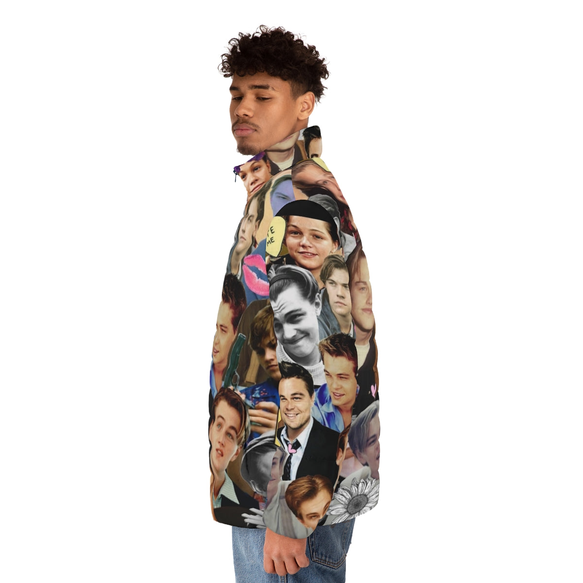 Leonardo DiCaprio collage print on a puffer jacket, featuring the actor in various movie scenes and poses. - men side left