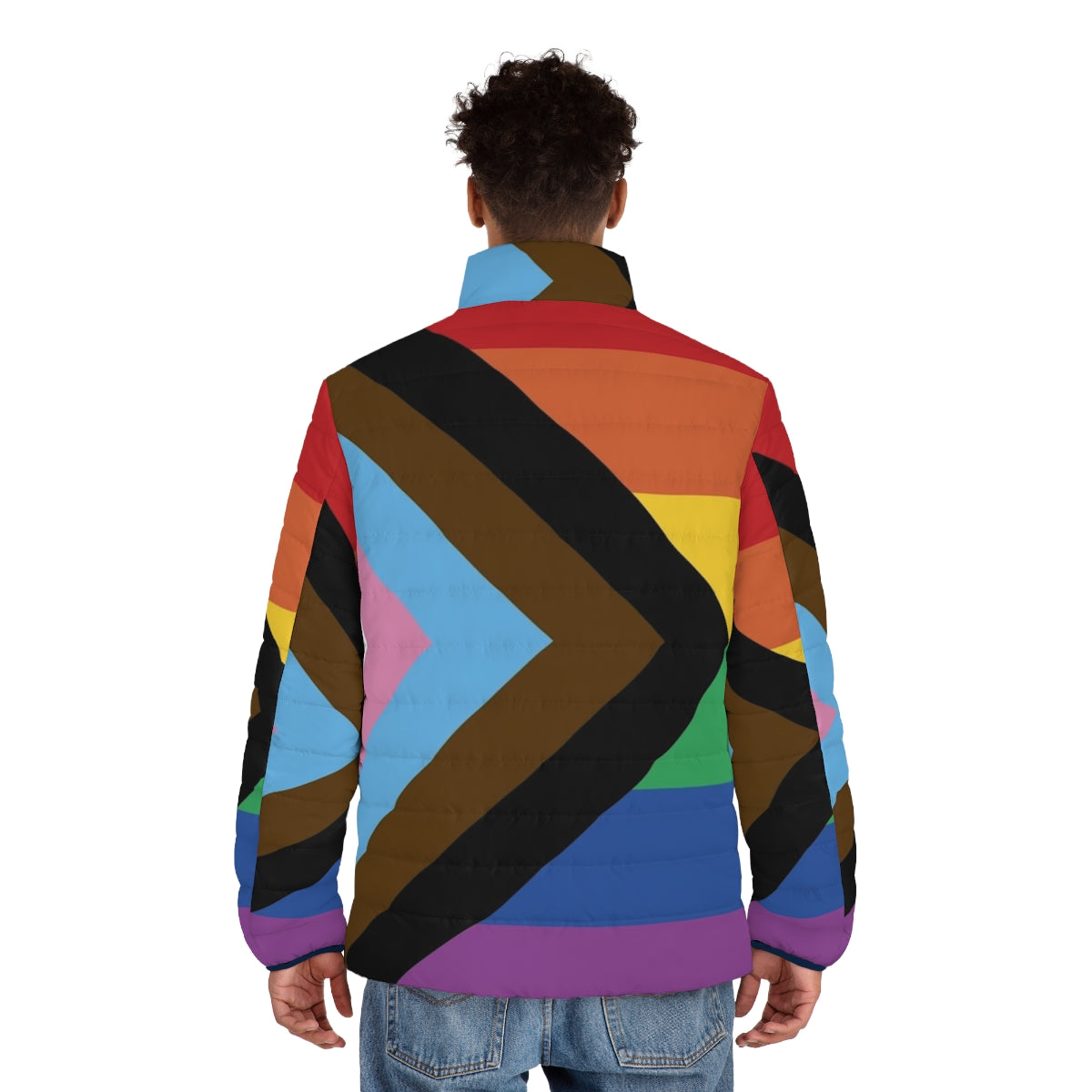 A vibrant puffer jacket featuring the Progress Pride Flag design, celebrating LGBTQ+ identity and inclusivity. - men back