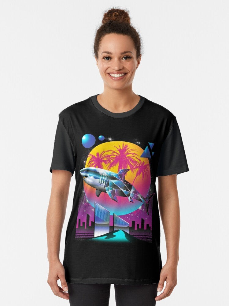 Rad shark graphic design on a black t-shirt with neon colors - Women