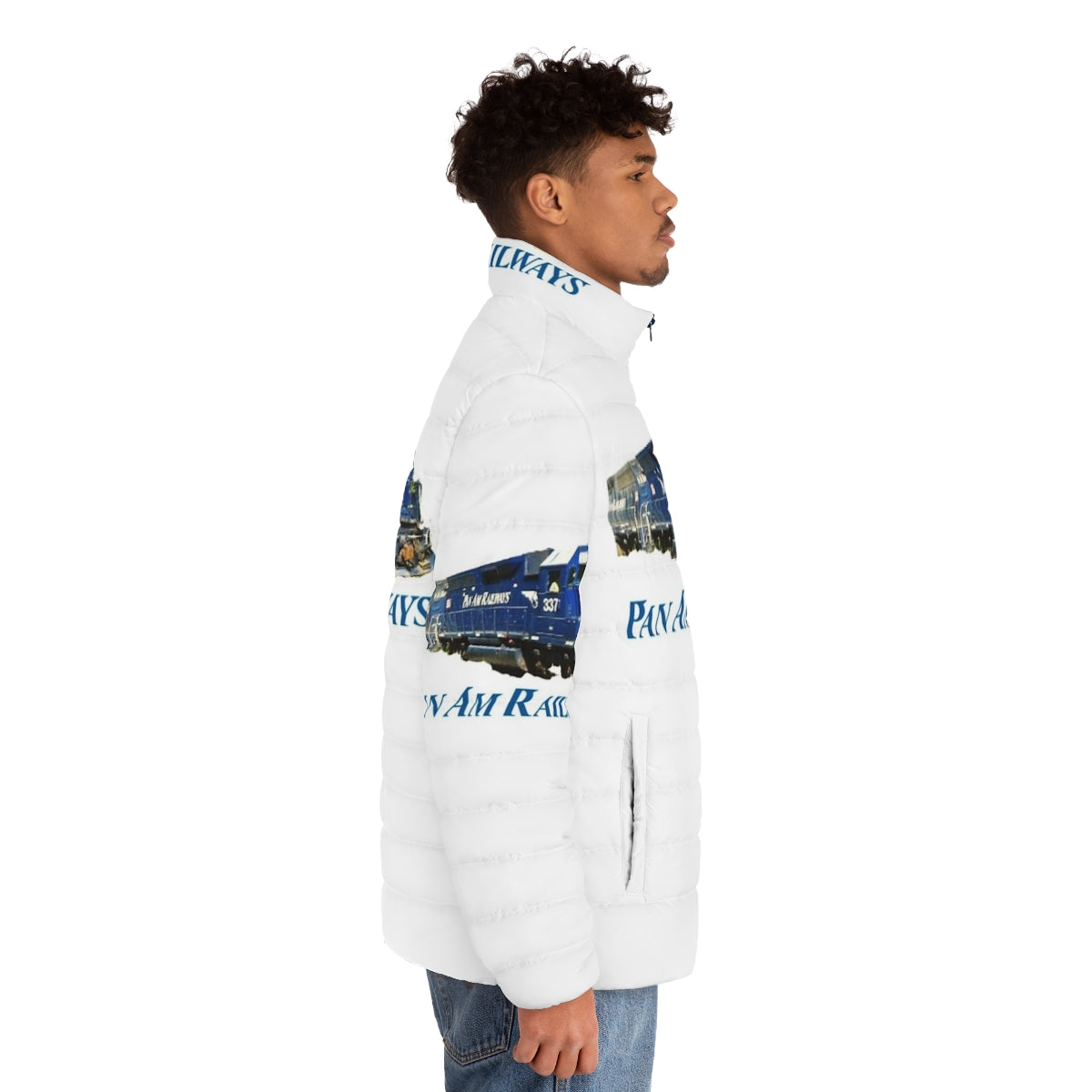 Pan Am Railway Train Driver Puffer Jacket with Pan Am logo and railways imagery - men side right