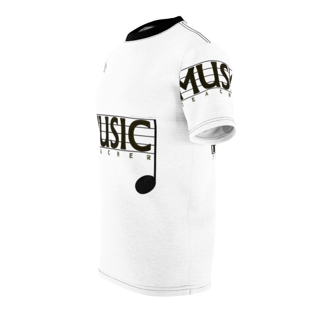 Stylish t-shirt design for music teachers featuring music staff, notes, and other musical elements. - men left