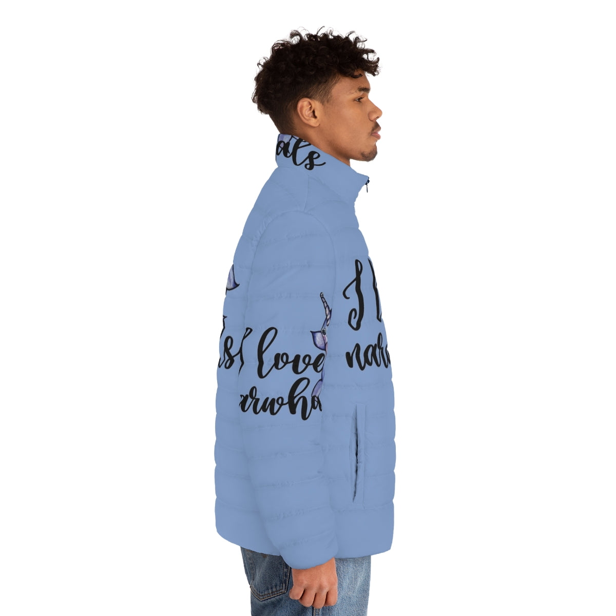 A purple puffer jacket with a cute narwhal design - men side right