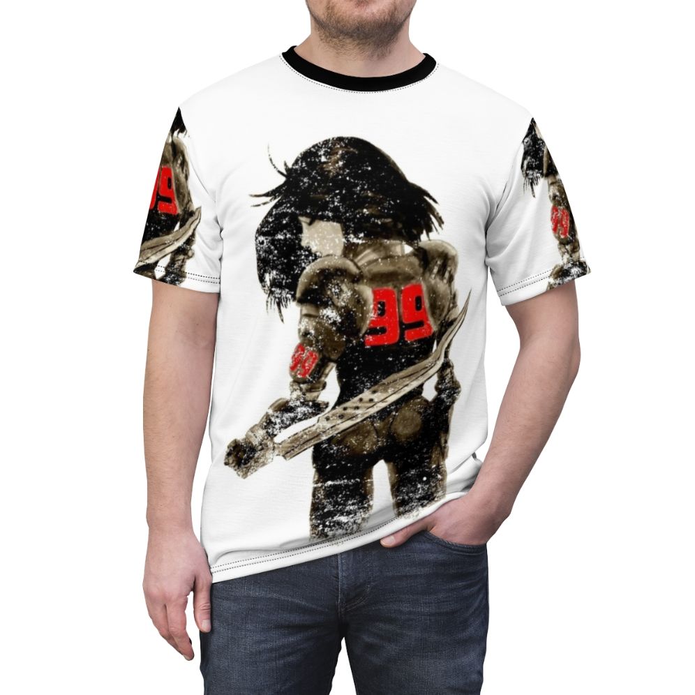 Distressed t-shirt featuring a manga-inspired design of a female cyborg android in a dystopian cyberpunk setting. - men front