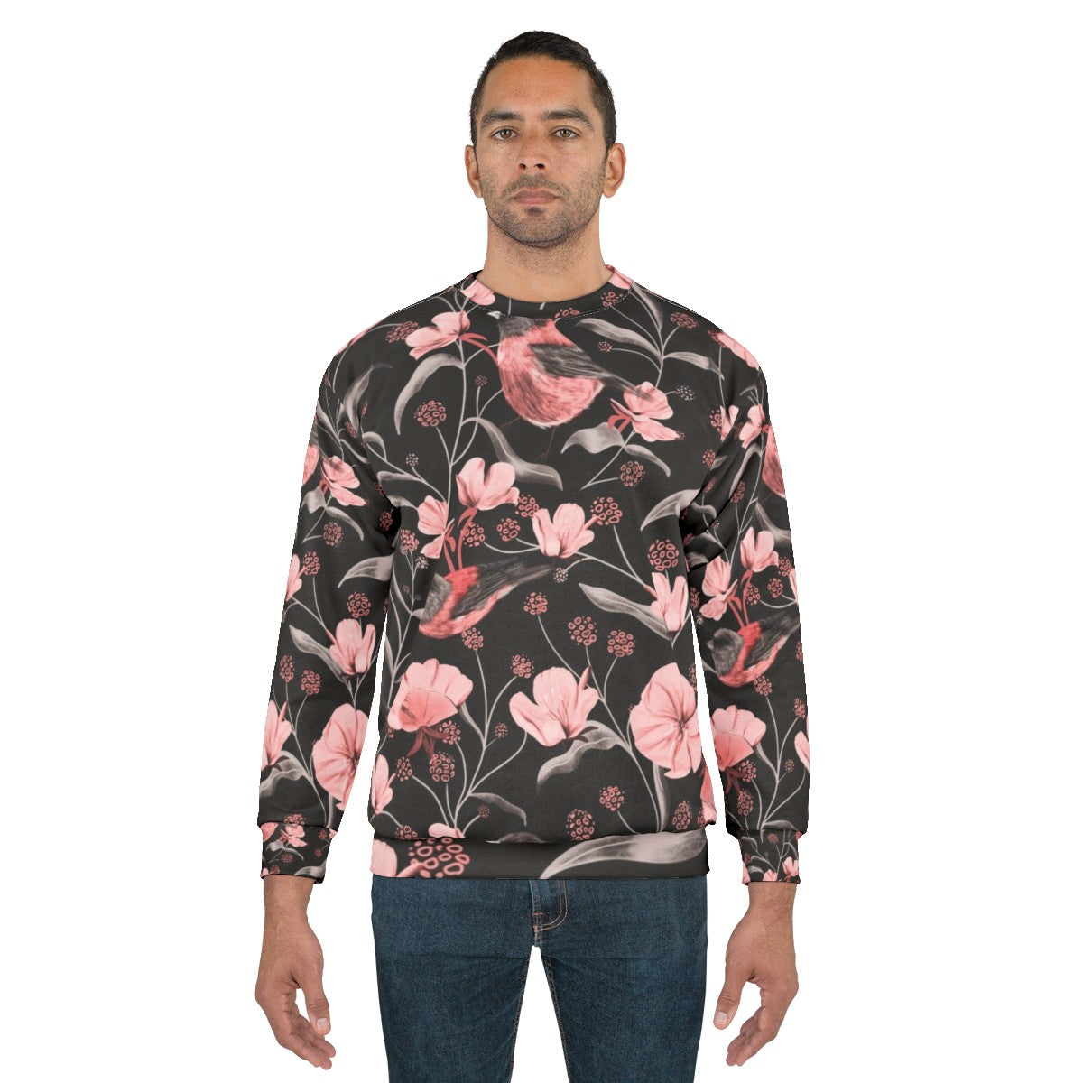 Pink birds and flowers botanical design on a sweatshirt - men