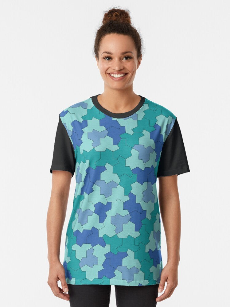 Aperiodic monotile Einstein shapes in blue and green geometric pattern on a t-shirt - Women