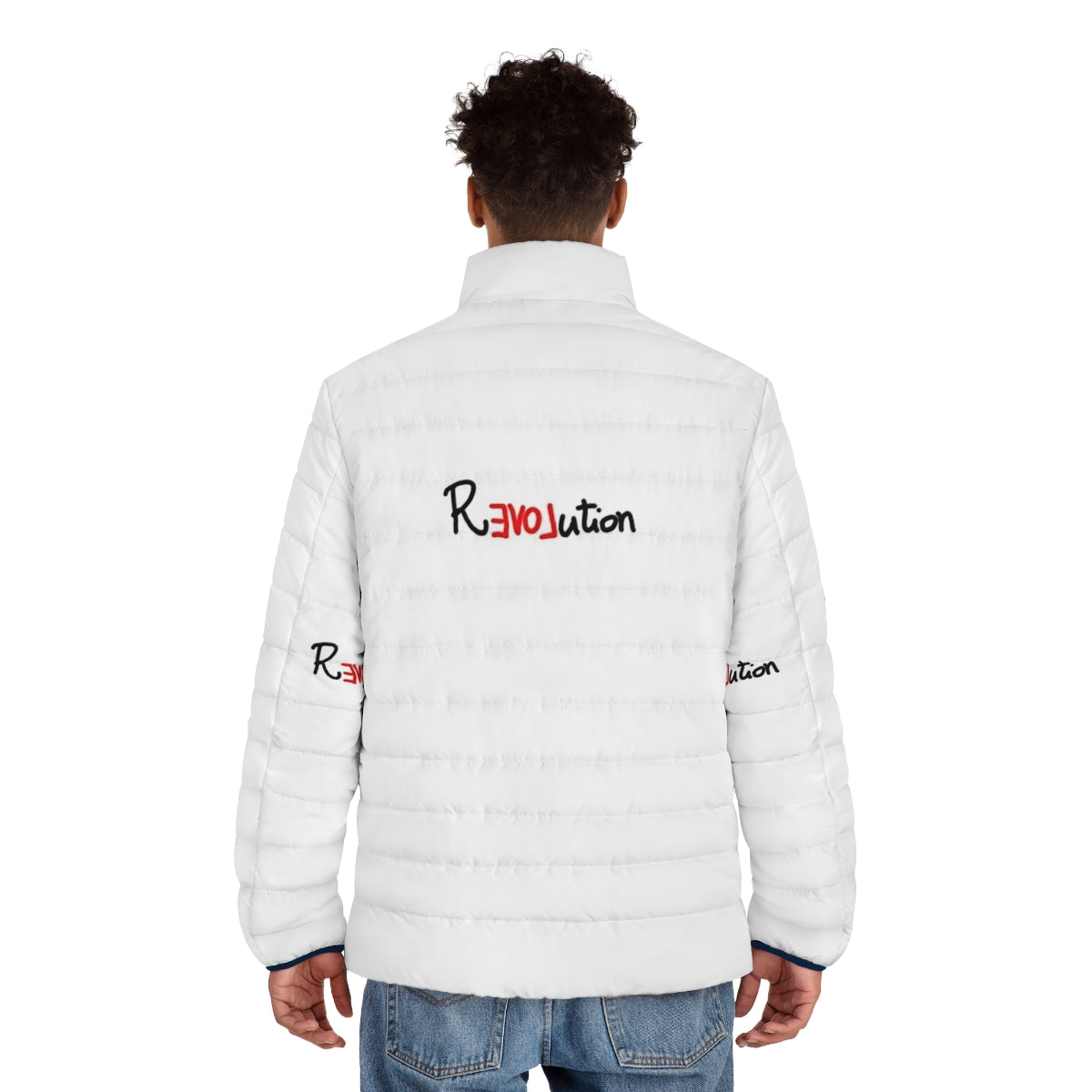 Young Royals inspired revolution puffer jacket featuring fan art design - men back