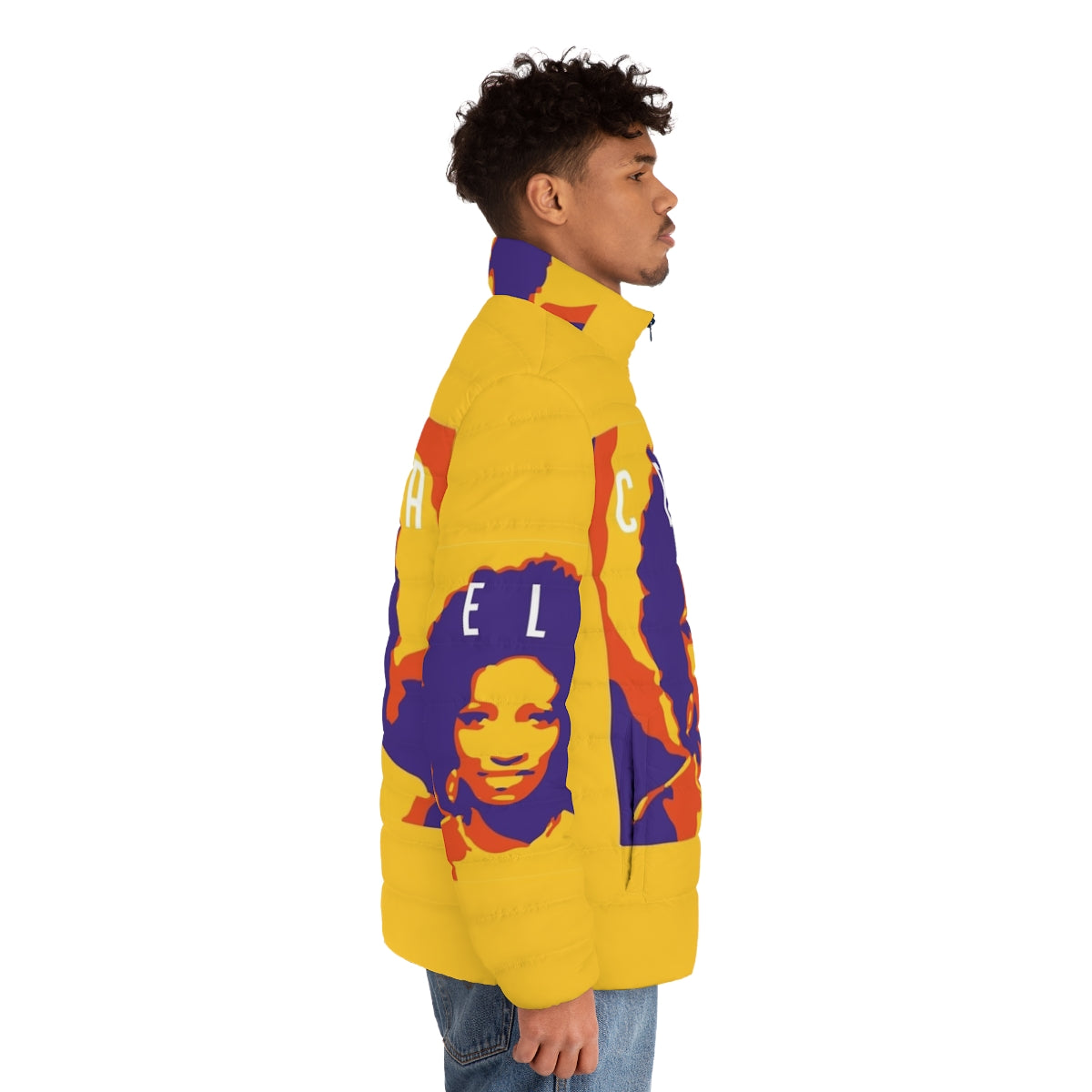 Celia Latinx Puffer Jacket in a vibrant, colorful popart design - men side right