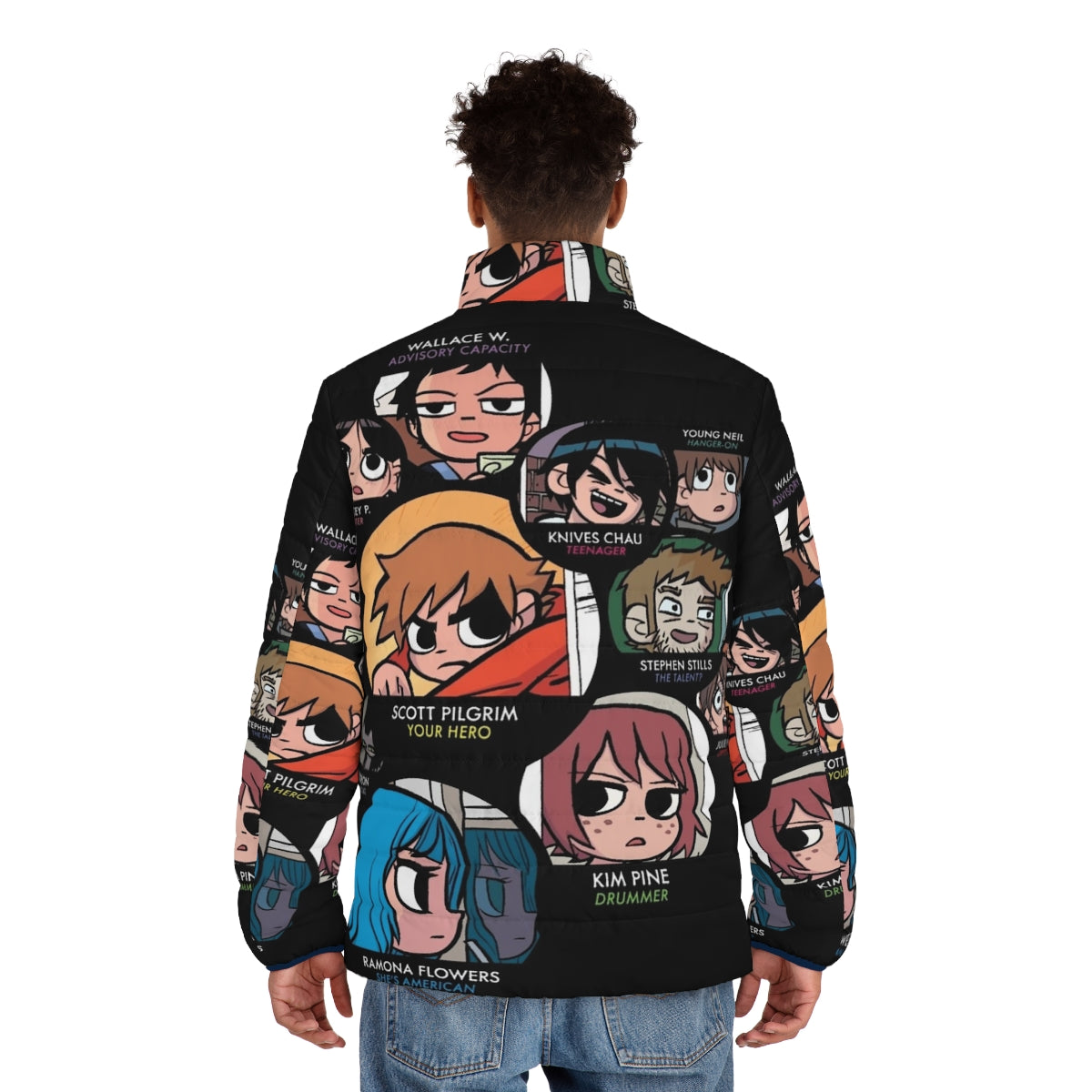 Scott Pilgrim characters puffer jacket featuring Ramona Flowers, Knives Chau, and more - men back