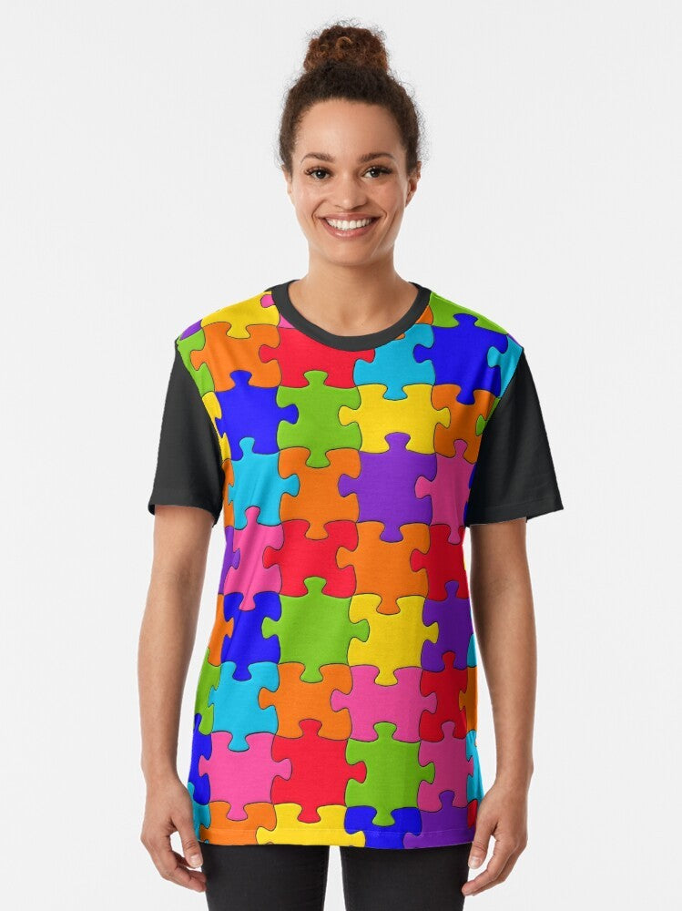 Vibrant jigsaw puzzle graphic t-shirt with a colorful rainbow mosaic pattern - Women