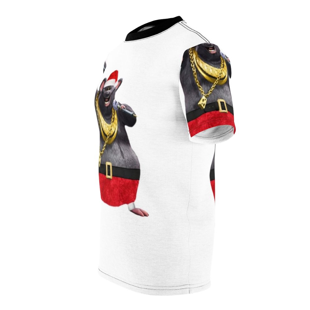 Whimsical illustration of Biggie Cheese character in a Christmas-themed design on a t-shirt - men left