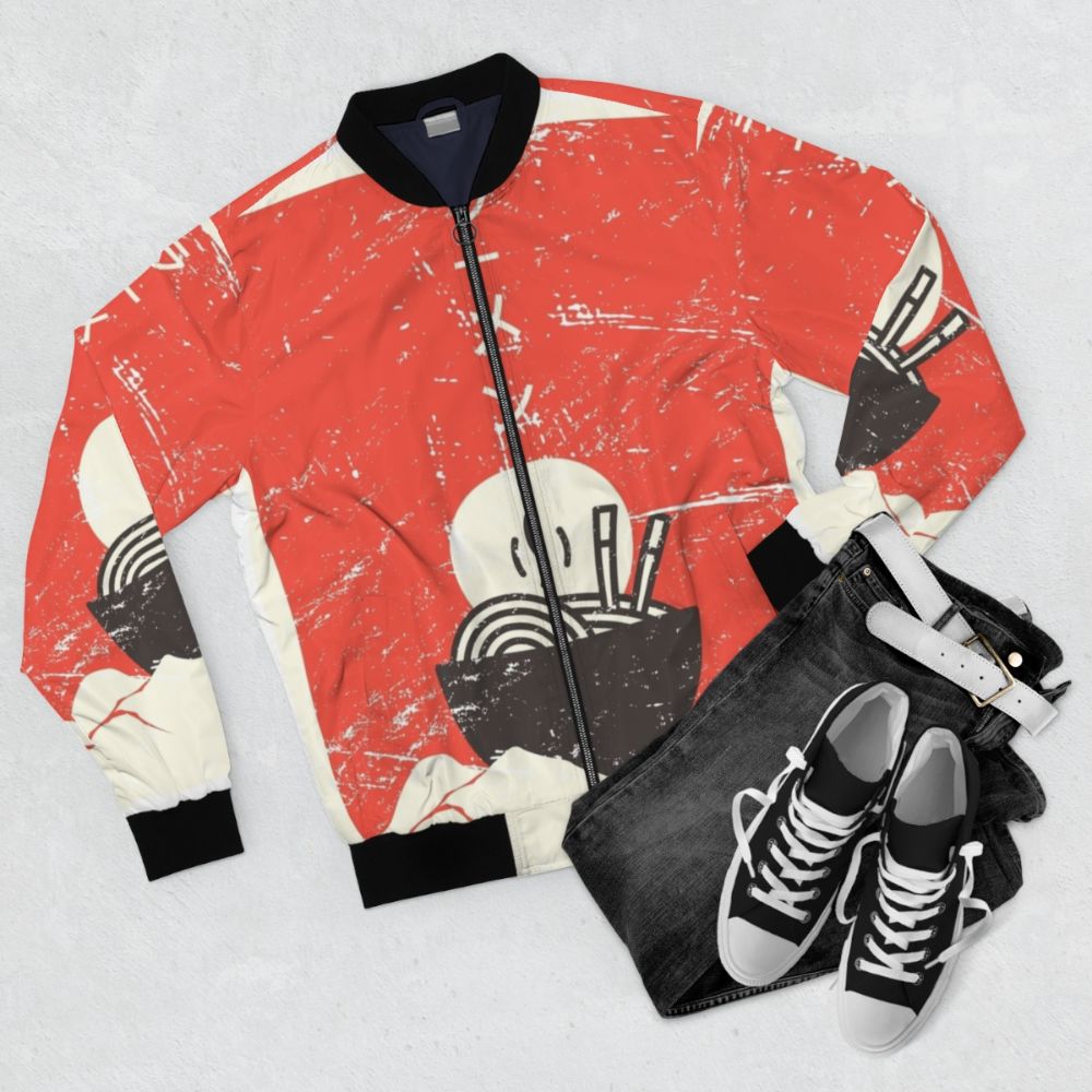 Vintage Japanese anime-inspired ramen bomber jacket - Flat lay