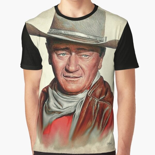 Iconic portrait of legendary actor John Wayne in a classic western-style graphic t-shirt design.