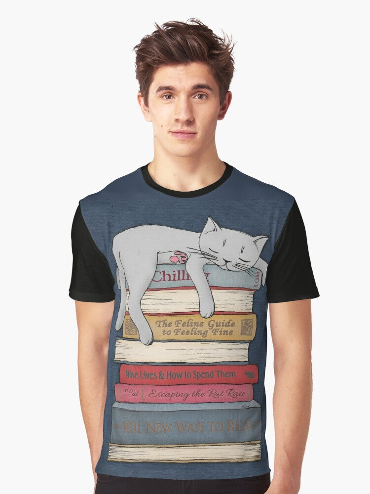 A graphic t-shirt design featuring a sleeping cat with the text "How to Chill Like a Cat" - Men