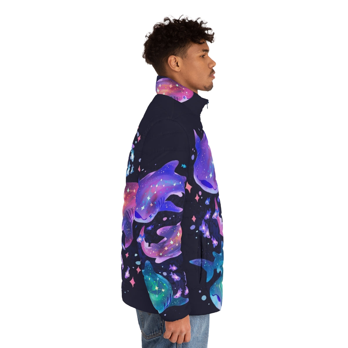 A vibrant puffer jacket featuring a cosmic whale shark design, perfect for outdoor adventures. - men side right