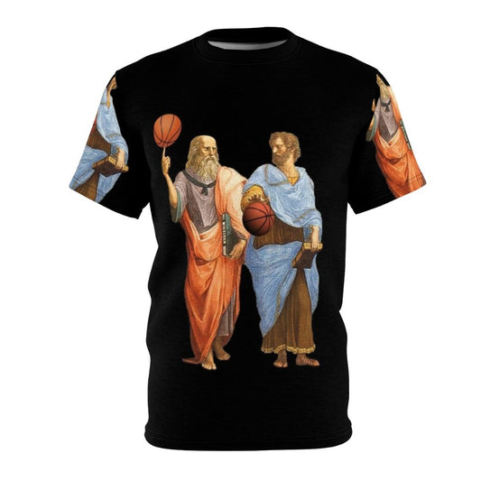 Plato and Aristotle engaged in a philosophical basketball match, with a portrait style illustration.