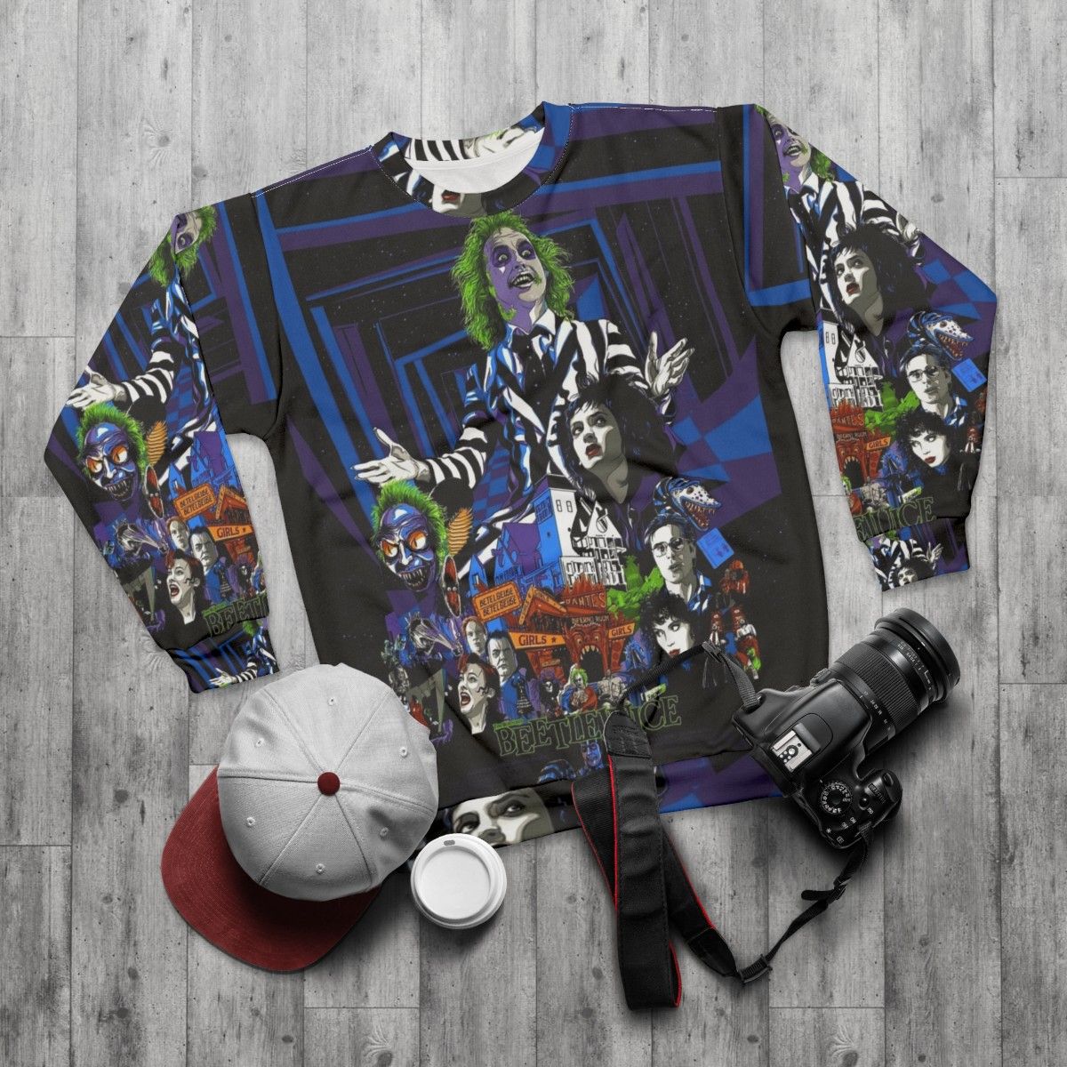 Beetlejuice movie merchandise, oversized vintage 80s gothic style sweatshirt - flat lay