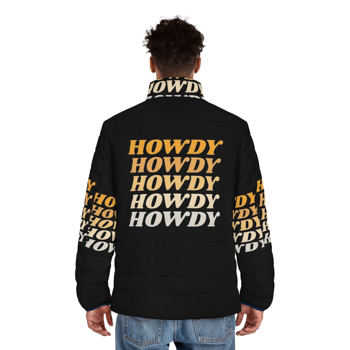 A warm and stylish howdy howdy howdy puffer jacket with a western-inspired design. - men back