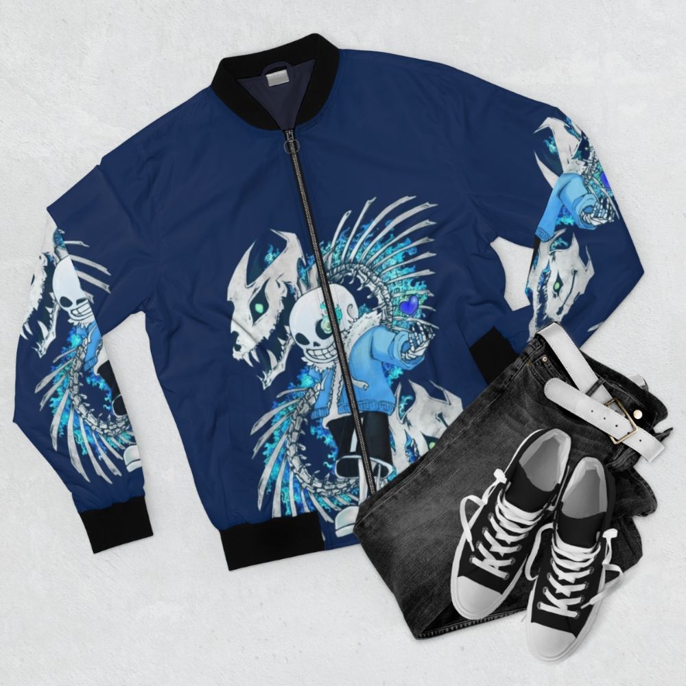 Undertale Sans Skeleton Bomber Jacket with bones and attack design - Flat lay