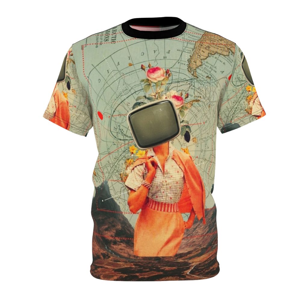 Vintage-inspired t-shirt featuring a surreal landscape collage graphic design with nature, floral, and retro elements.