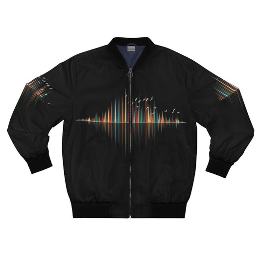 A minimalist bomber jacket with a colorful sound wave design, inspired by nature's vibrations and geometric patterns.