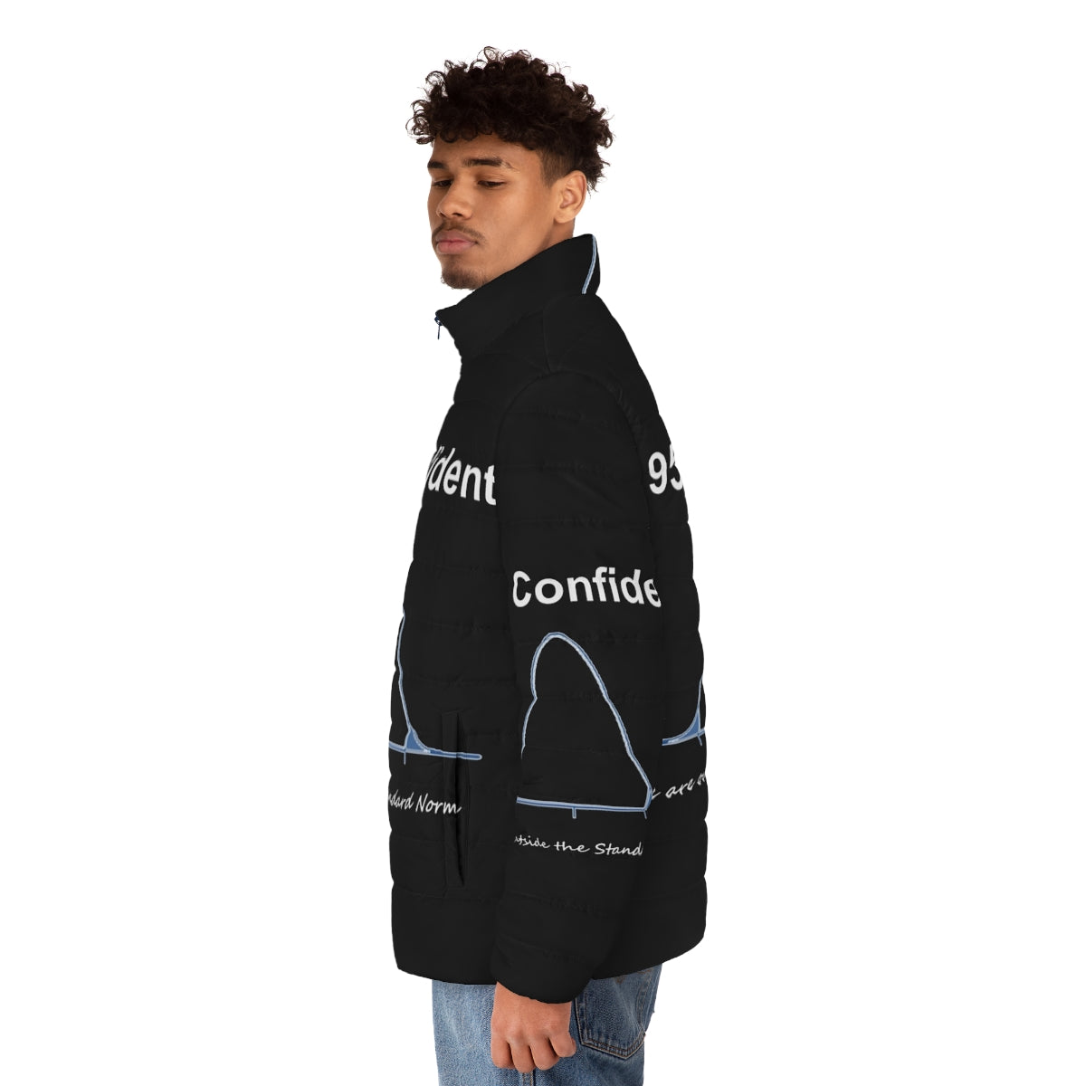 A stylish puffer jacket with a '95% Confident' graphic, perfect for data scientists, math nerds, and tech-savvy individuals. - men side left