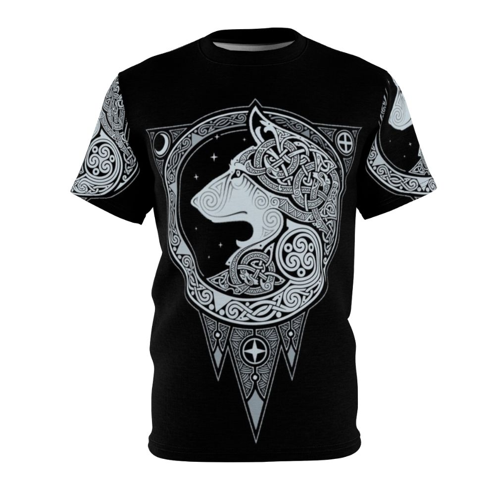 A striking t-shirt featuring a Norse-inspired wolf graphic with intricate Celtic knotwork and celestial elements.