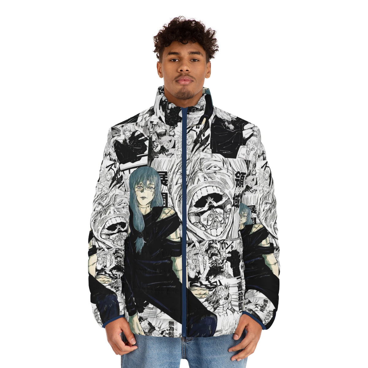 Aoi Mahito Jujutsu Kaisen inspired puffer jacket in black and white - men front