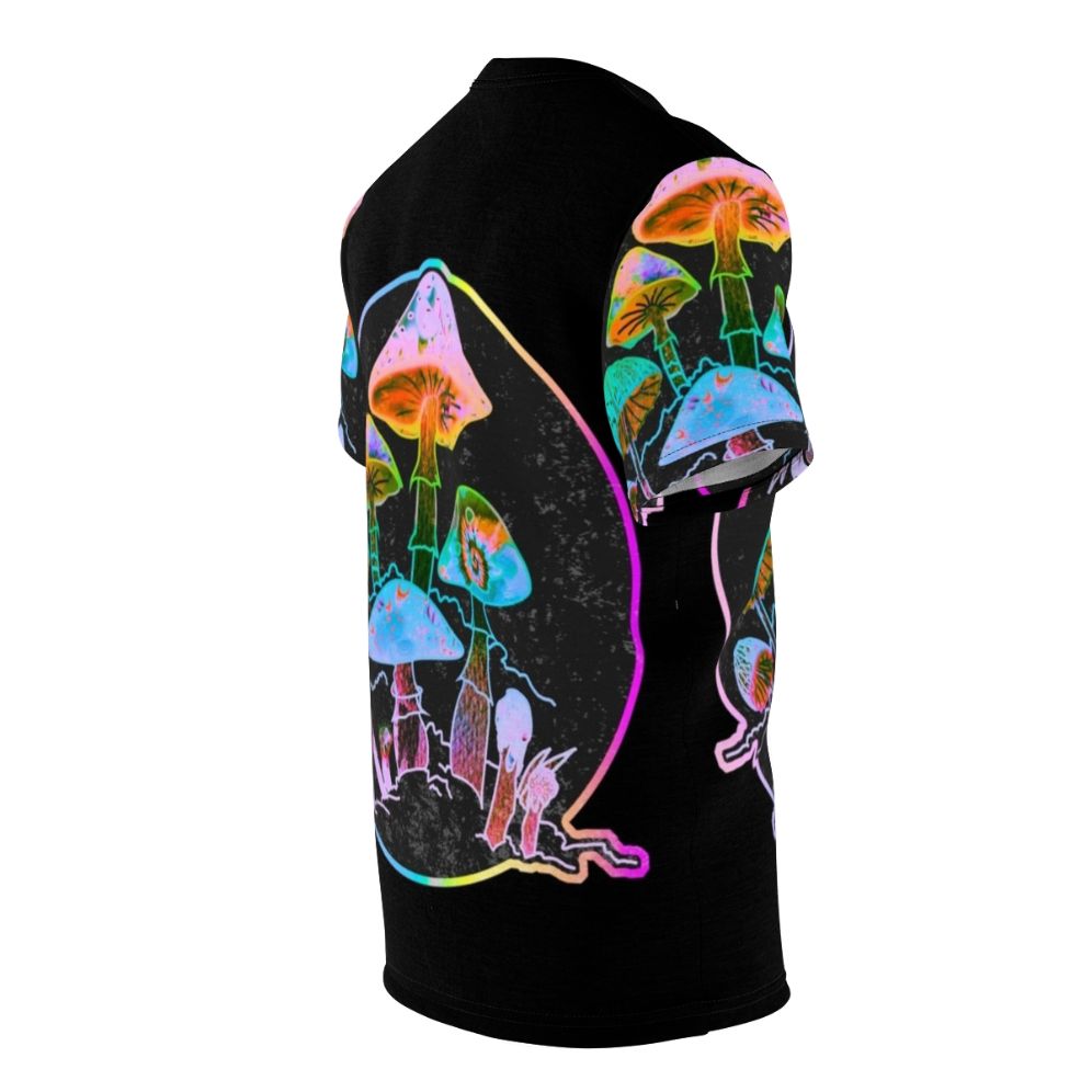 Trippy mushroom design t-shirt with colorful, psychedelic, and consciousness-themed graphics - men right